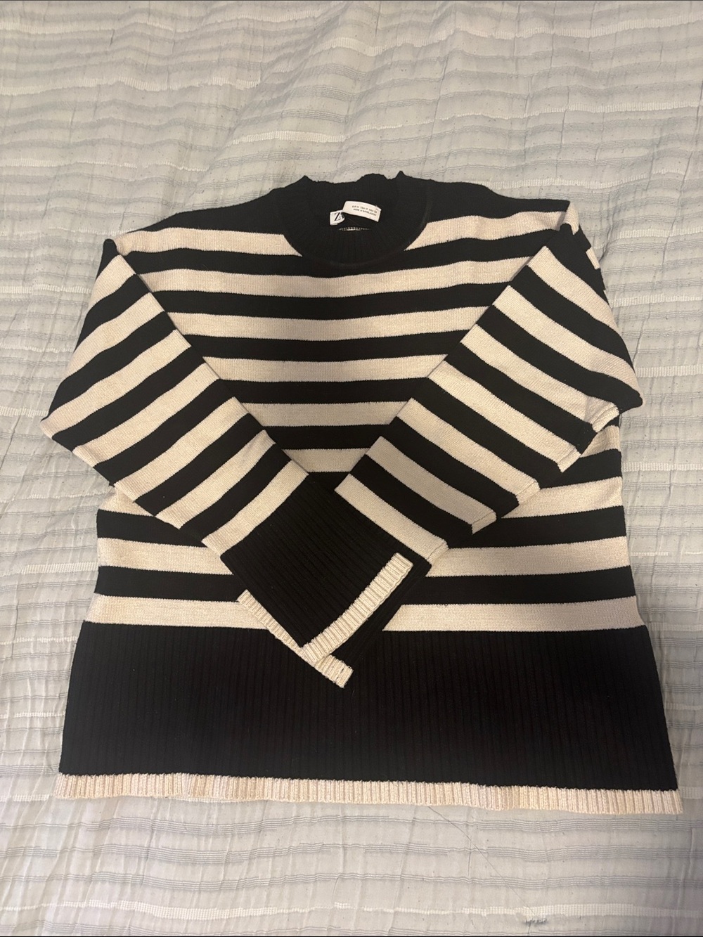 Zara Black and Cream Striped Crewneck Sweater